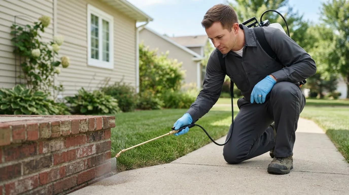 Pest control technician treating a home near White Pine, MI